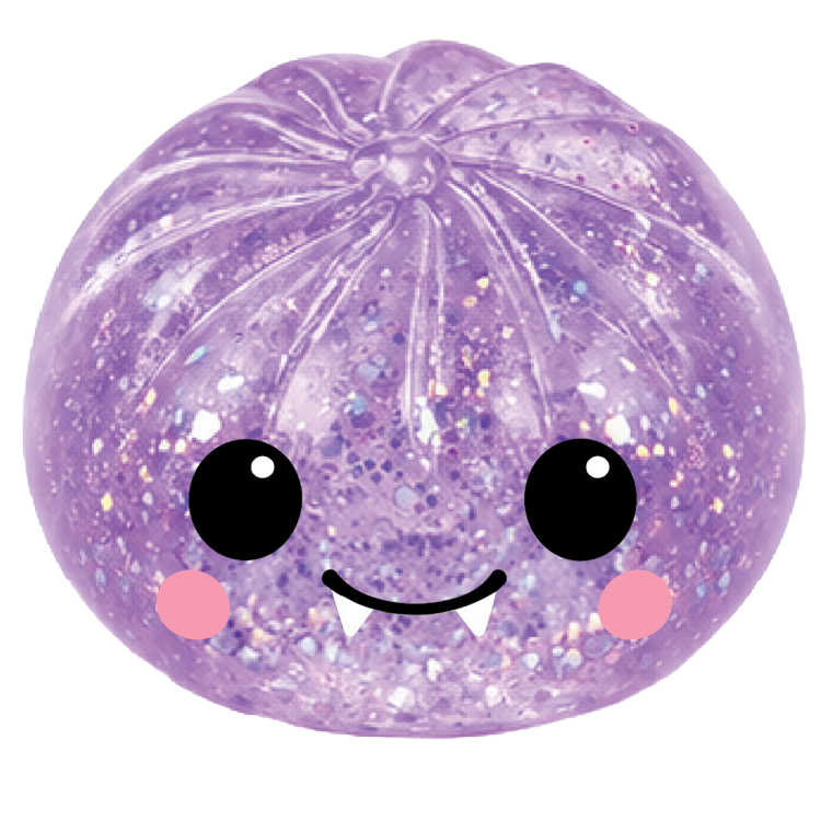 Purple glittery ball with a smiley face on a white background
