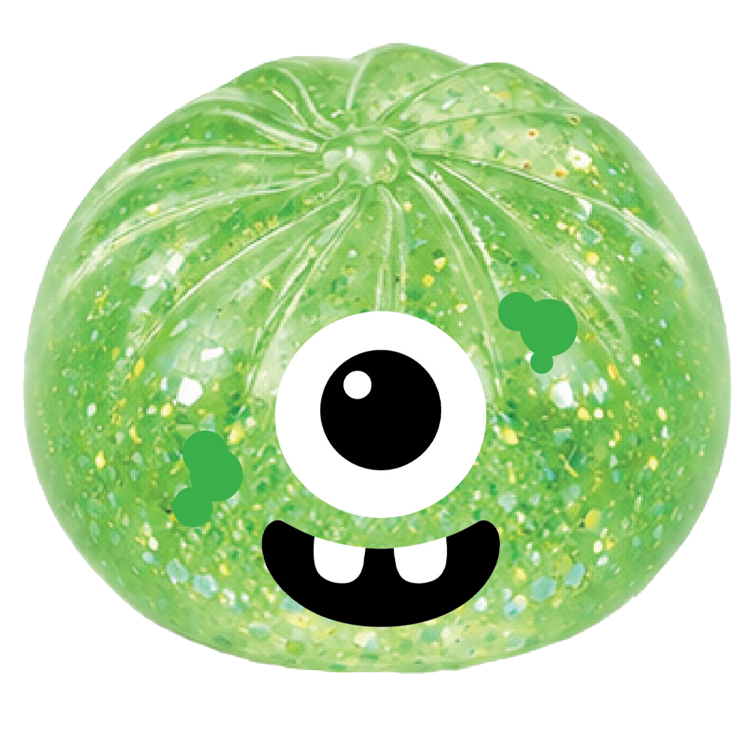 Green glittery ball with a single eye and mouth on a white background