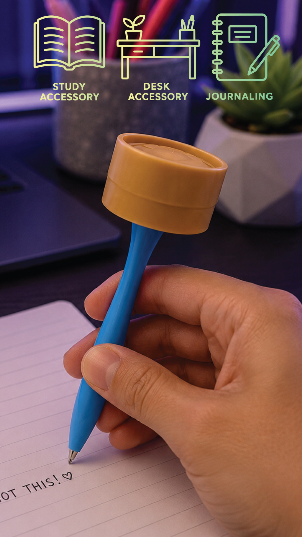 Hand holding a blue pen with an orange cap on a desk, with icons and text indicating study accessory, desk accessory, and journaling.