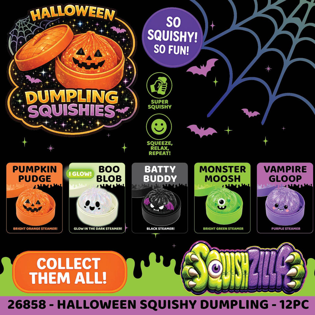 Halloween-themed squishy toys with various characters and packaging on a dark background.