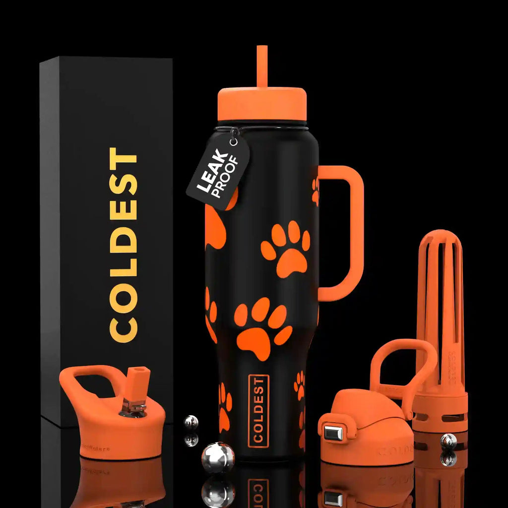 Black and orange water bottle with paw prints and 'Coldest' branding on a black background.