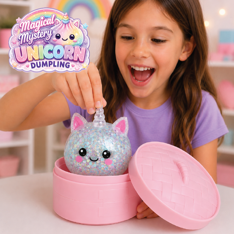 A young girl with long brown hair smiles excitedly while opening a pink lidded container. Inside sits a glittery pastel blue cat-shaped unicorn dumpling with pink ears and a horn.