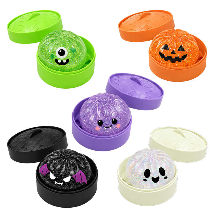 A set of Halloween-themed squishy toy containers in multiple colors, including green, orange, purple, black, and cream, each showing a glittery monster face inside with its matching lid.