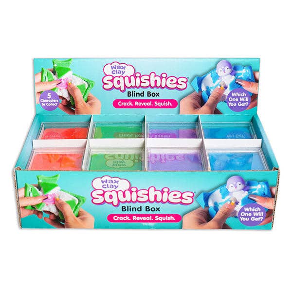 A retail display box of wax clay squishies blind box, showing multiple compartments filled with colorful squishy clay in red, orange, green, purple, and blue, with retail packaging graphics on the front and sides.