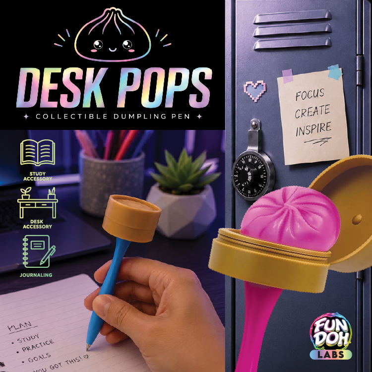 Desk Pops collectible dumpling pen with colorful design and text on a locker background.