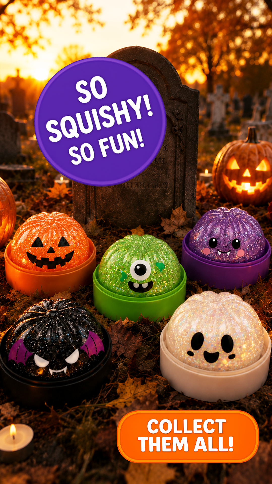 Halloween-themed squishy toys with glowing effects on a background.