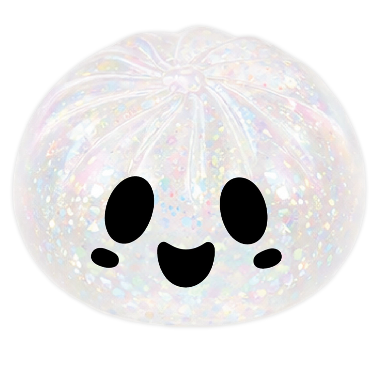 Iridescent cloud-shaped object with black smiley face design on a white background
