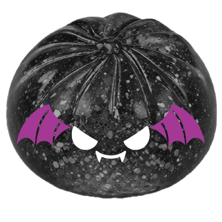 Black pumpkin with purple bat wings and white face on a white background