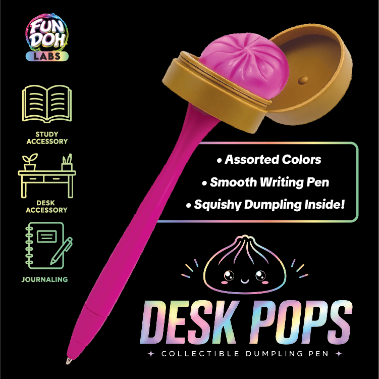 Pink pen with dumpling on top on a black background, featuring Fun Doh Labs branding.