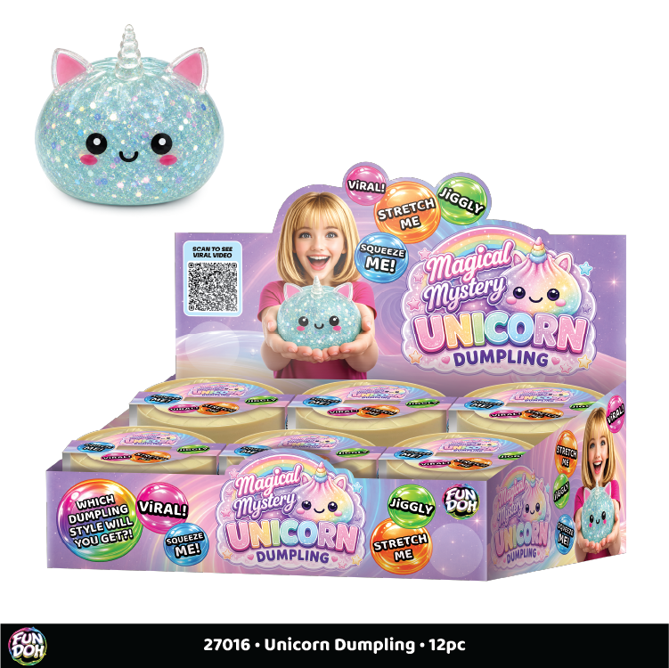 A display box of 'Magical Mystery Unicorn Dumpling' toys with multiple small pastel-labeled containers, plus one large loose glittery blue unicorn dumpling shown above on a white background. The packaging features a child holding the toy and colorful callout badges.