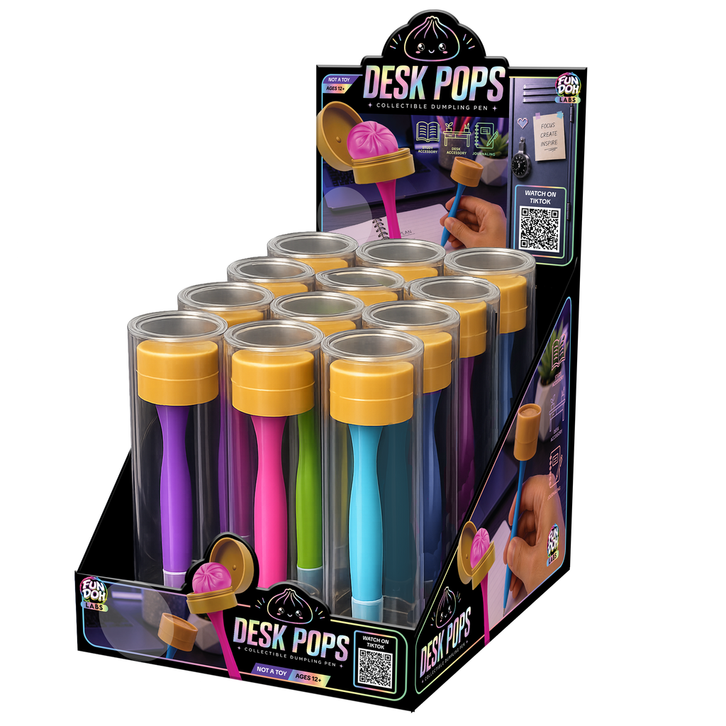 Display of Desk Pops with colorful tops and packaging on a white background