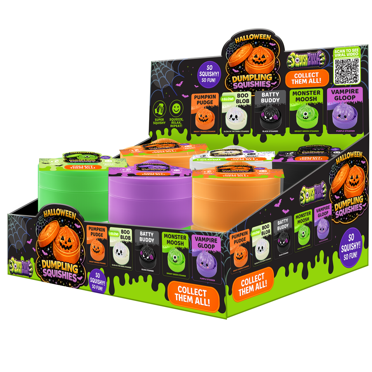 Display box of Halloween-themed Dumpling Squishies with colorful containers and spooky designs.