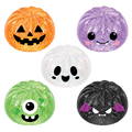 Five colorful glittery balls with Halloween-themed designs on a white background.
